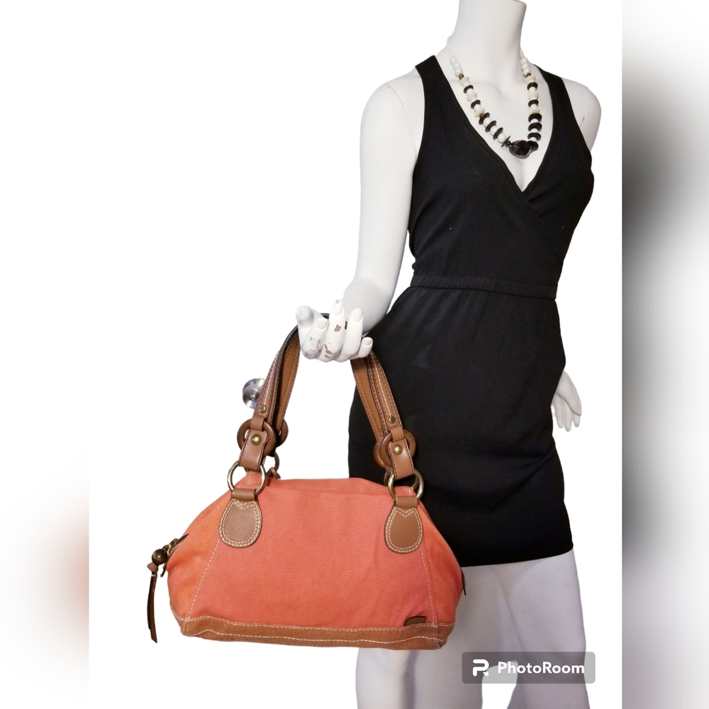 Fossil orange canvas leather hand shoulder bag purse